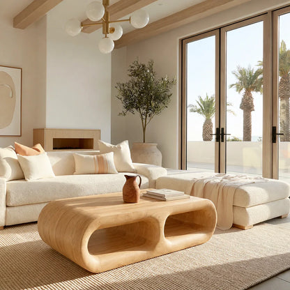Modern Solid Walnut Coffee Table with Open Storage | Curved Minimalist Living Room Table