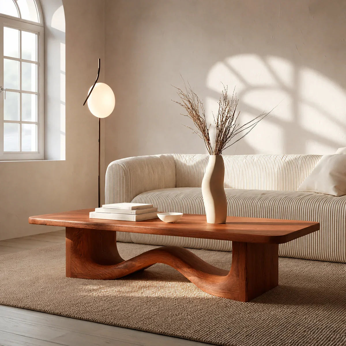 Modern Solid Oak Wood Coffee Table | Sculptural Wave Base Minimalist Living Room Table
