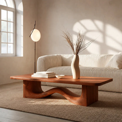 Modern Solid Oak Wood Coffee Table | Sculptural Wave Base Minimalist Living Room Table