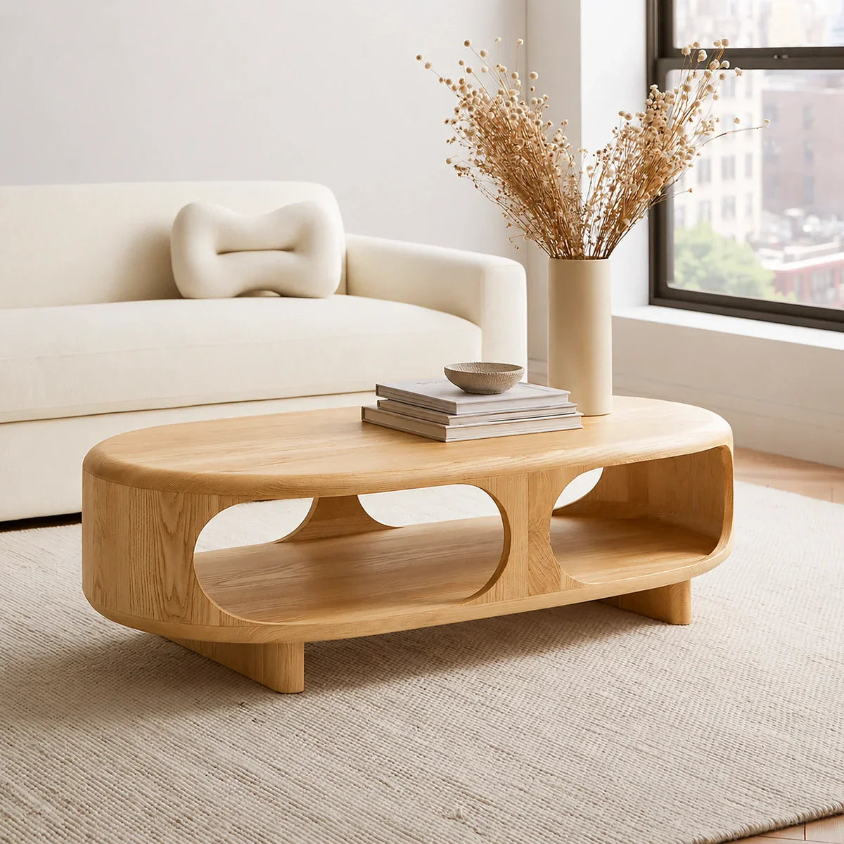 Modern Solid Walnut Wood Coffee Table with Open Storage Shelf | Minimalist Oval Living Room Center Table