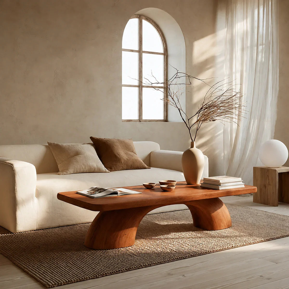 Modern Solid Oak Coffee Table | Sculptural Pedestal Base Minimalist Living Room Table