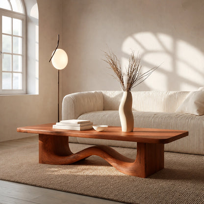Modern Solid Oak Wood Coffee Table | Sculptural Wave Base Minimalist Living Room Table