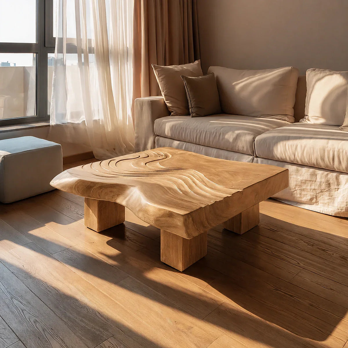 Handcrafted Solid Walnut Coffee Table | Sculpted Wood Grain Modern Square Coffee Table