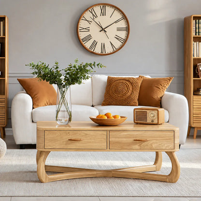 Mid-Century Modern Solid Wood Coffee Table with 2 Drawers | Walnut Living Room Center Table