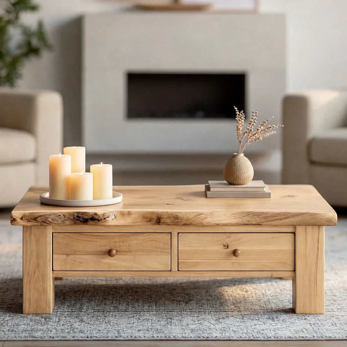 Modern Solid Wood Coffee Table with Storage Drawers | Rustic Farmhouse Center Table
