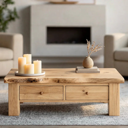 Modern Solid Wood Coffee Table with Storage Drawers | Rustic Farmhouse Center Table