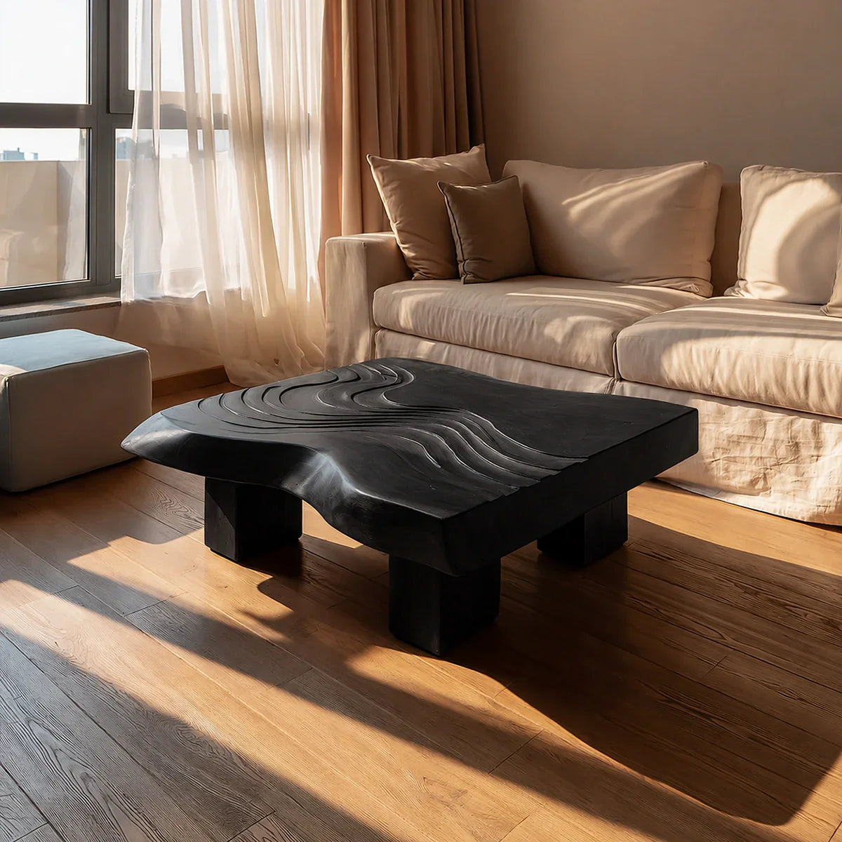 Handcrafted Solid Walnut Coffee Table | Sculpted Wood Grain Modern Square Coffee Table