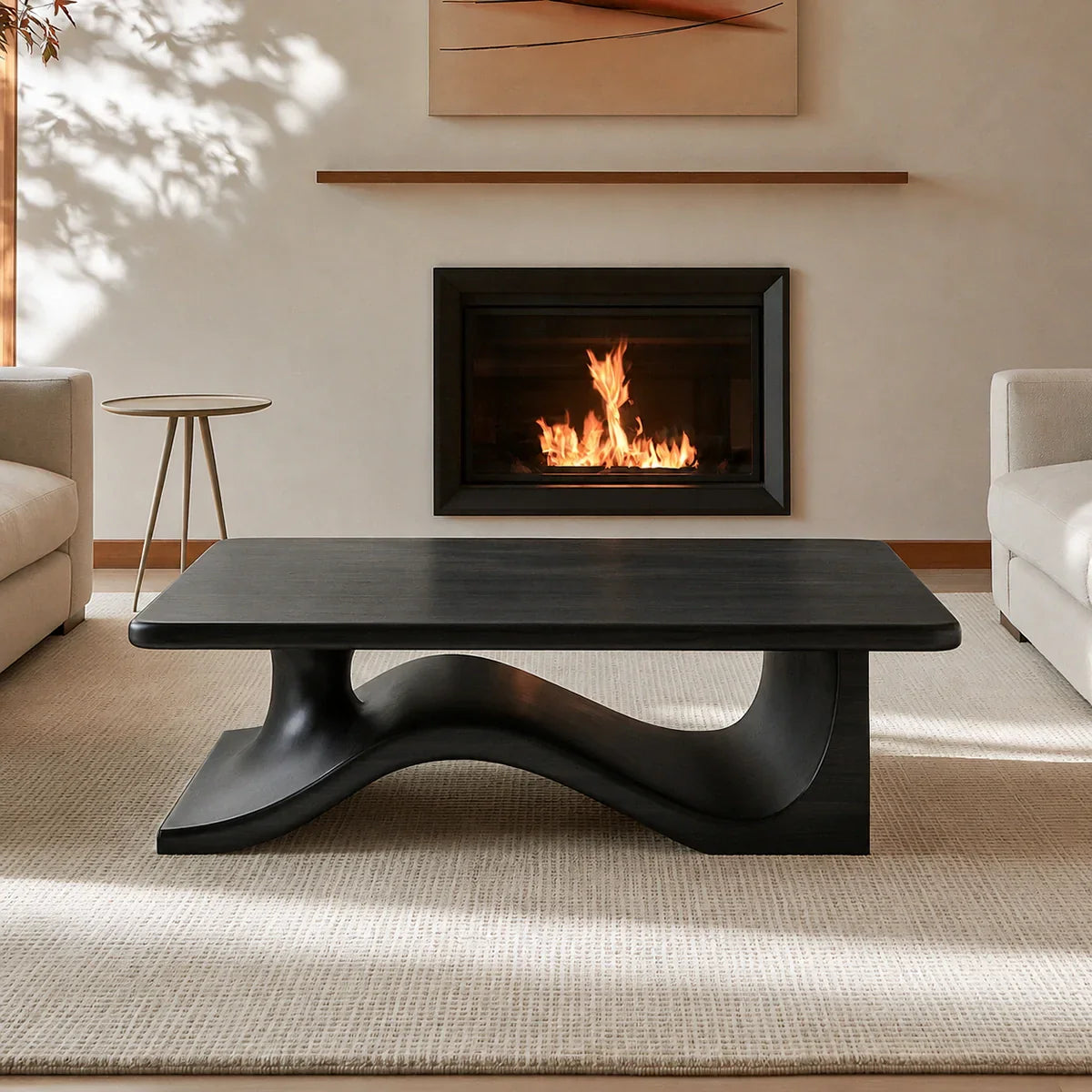 Modern Solid Walnut Coffee Table | Sculptural Wave Base Minimalist Living Room Table