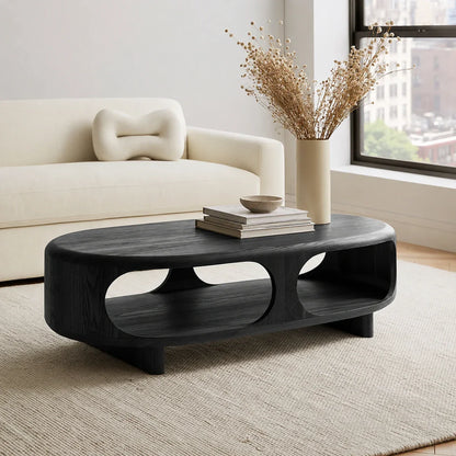 Modern Solid Walnut Wood Coffee Table with Open Storage Shelf | Minimalist Oval Living Room Center Table
