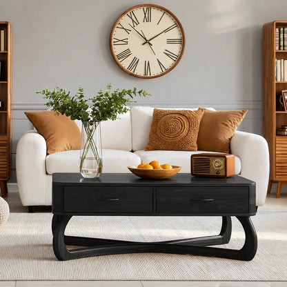 Mid-Century Modern Solid Wood Coffee Table with 2 Drawers | Walnut Living Room Center Table