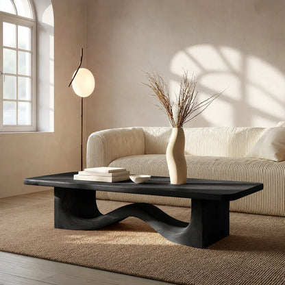 Modern Solid Oak Wood Coffee Table | Sculptural Wave Base Minimalist Living Room Table