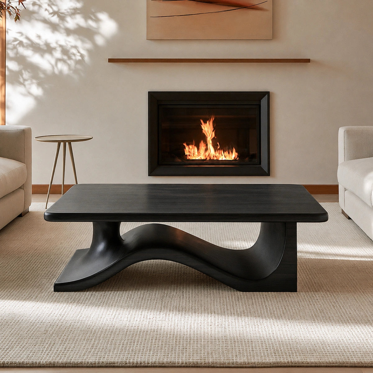Modern Solid Walnut Coffee Table | Sculptural Wave Base Minimalist Living Room Table