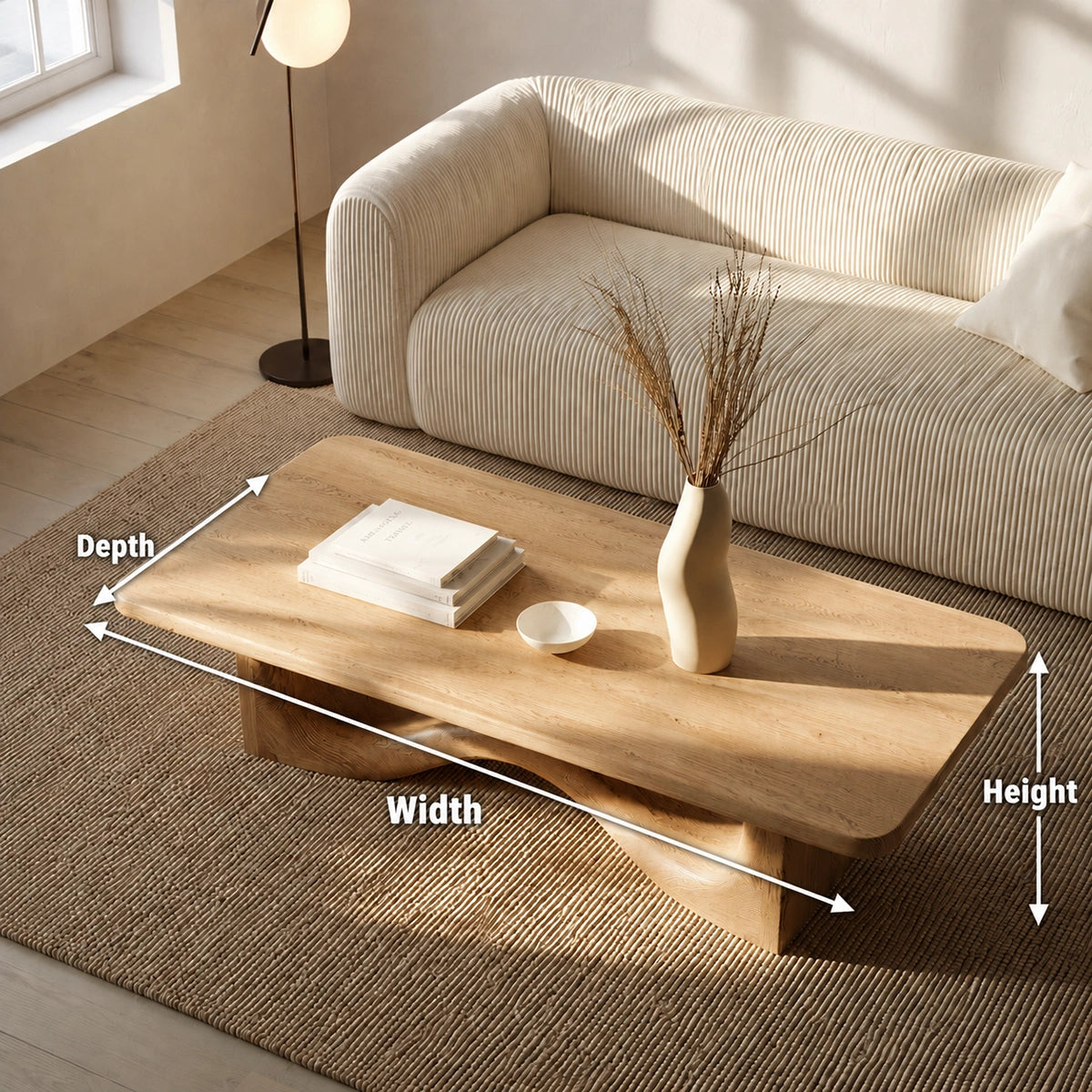 Modern Solid Oak Wood Coffee Table | Sculptural Wave Base Minimalist Living Room Table