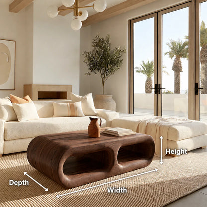 Modern Solid Walnut Coffee Table with Open Storage | Curved Minimalist Living Room Table