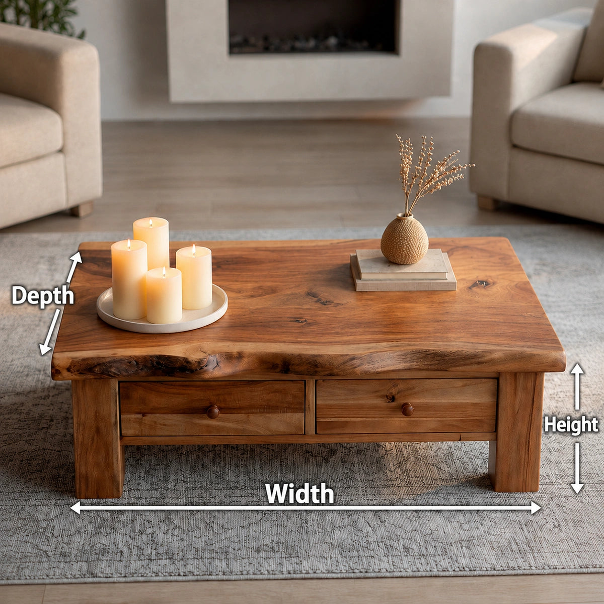 Modern Solid Wood Coffee Table with Storage Drawers | Rustic Farmhouse Center Table