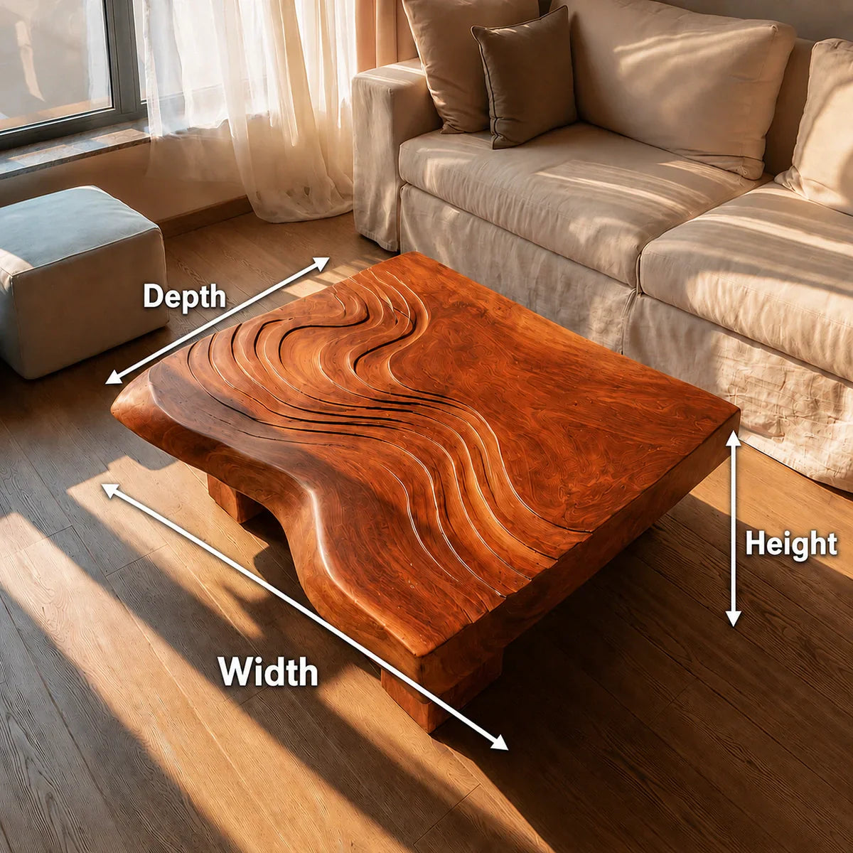 Handcrafted Solid Walnut Coffee Table | Sculpted Wood Grain Modern Square Coffee Table