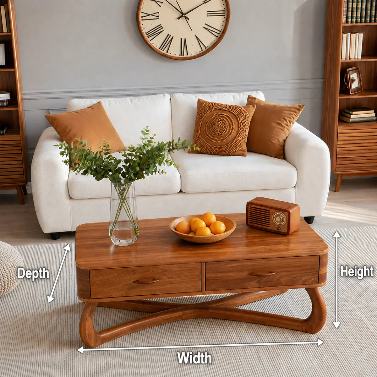 Mid-Century Modern Solid Wood Coffee Table with 2 Drawers | Walnut Living Room Center Table