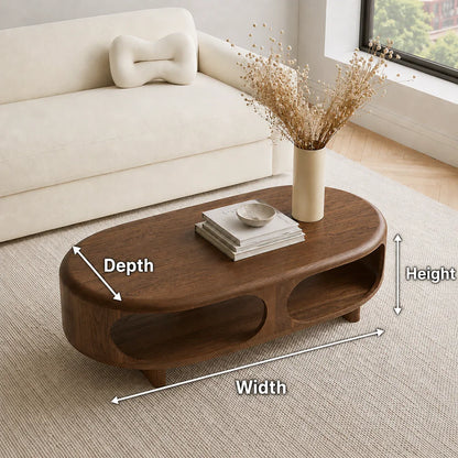Modern Solid Walnut Wood Coffee Table with Open Storage Shelf | Minimalist Oval Living Room Center Table