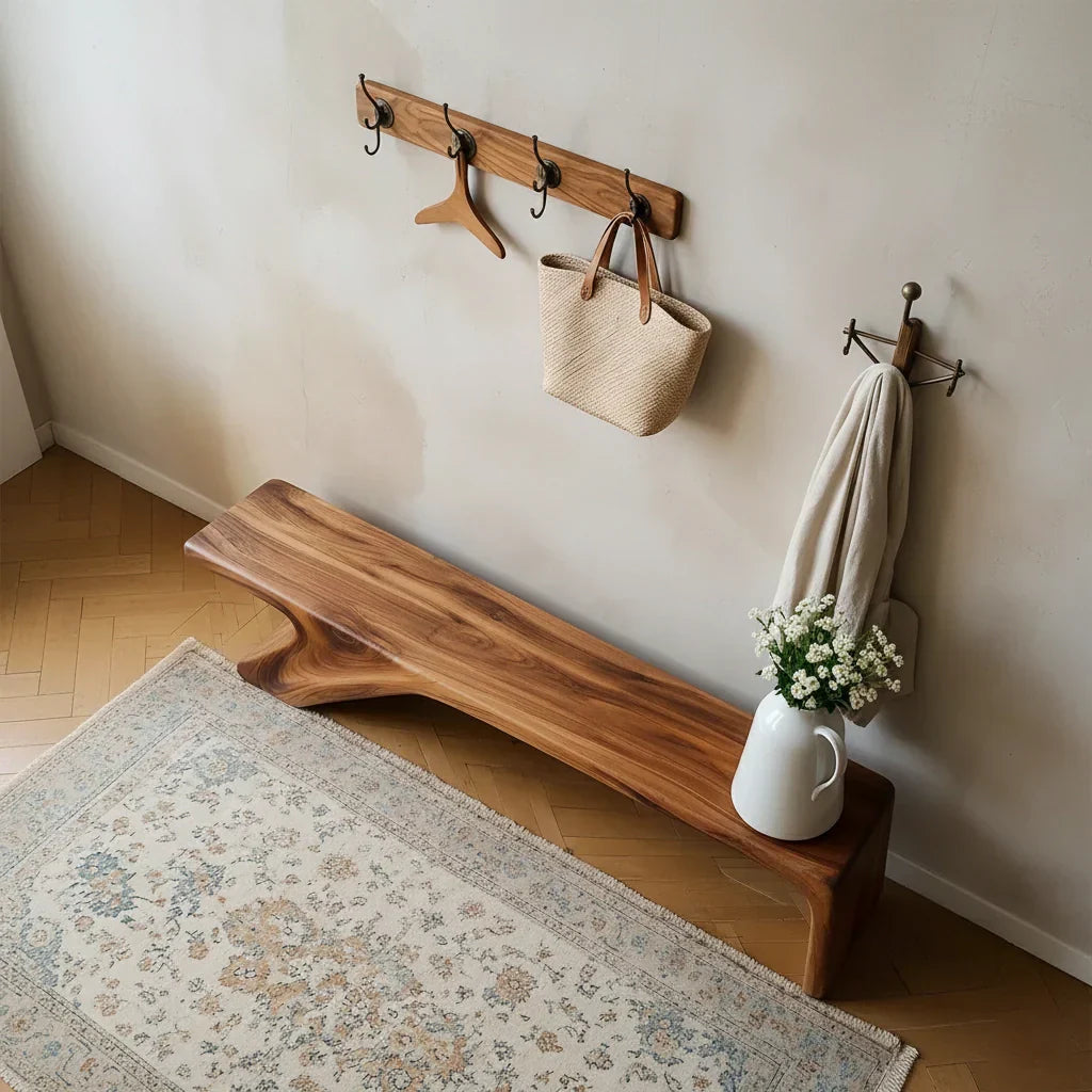 Asymmetric Sculpted Solid Wood Bench – Minimal Flowing Form - Rustirawood
