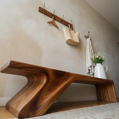 Asymmetric Sculpted Solid Wood Bench – Minimal Flowing Form - Rustirawood