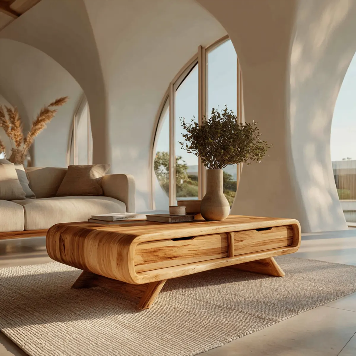 Curved Drawer Storage Coffee Table in Natural Solid Wood - Rustirawood
