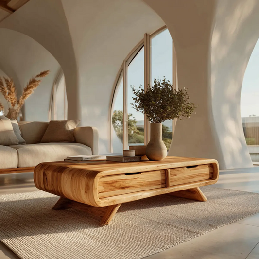 Curved Drawer Storage Coffee Table in Natural Solid Wood - Rustirawood