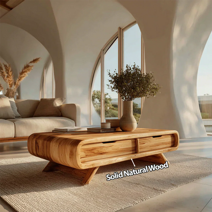 Curved Drawer Storage Coffee Table in Natural Solid Wood - Rustirawood