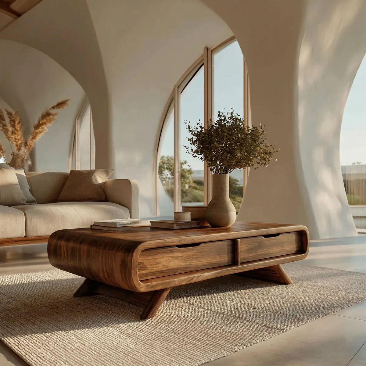 Curved Drawer Storage Coffee Table in Natural Solid Wood - Rustirawood