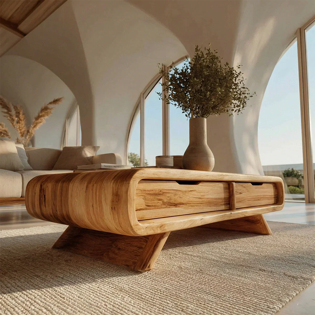 Curved Drawer Storage Coffee Table in Natural Solid Wood - Rustirawood
