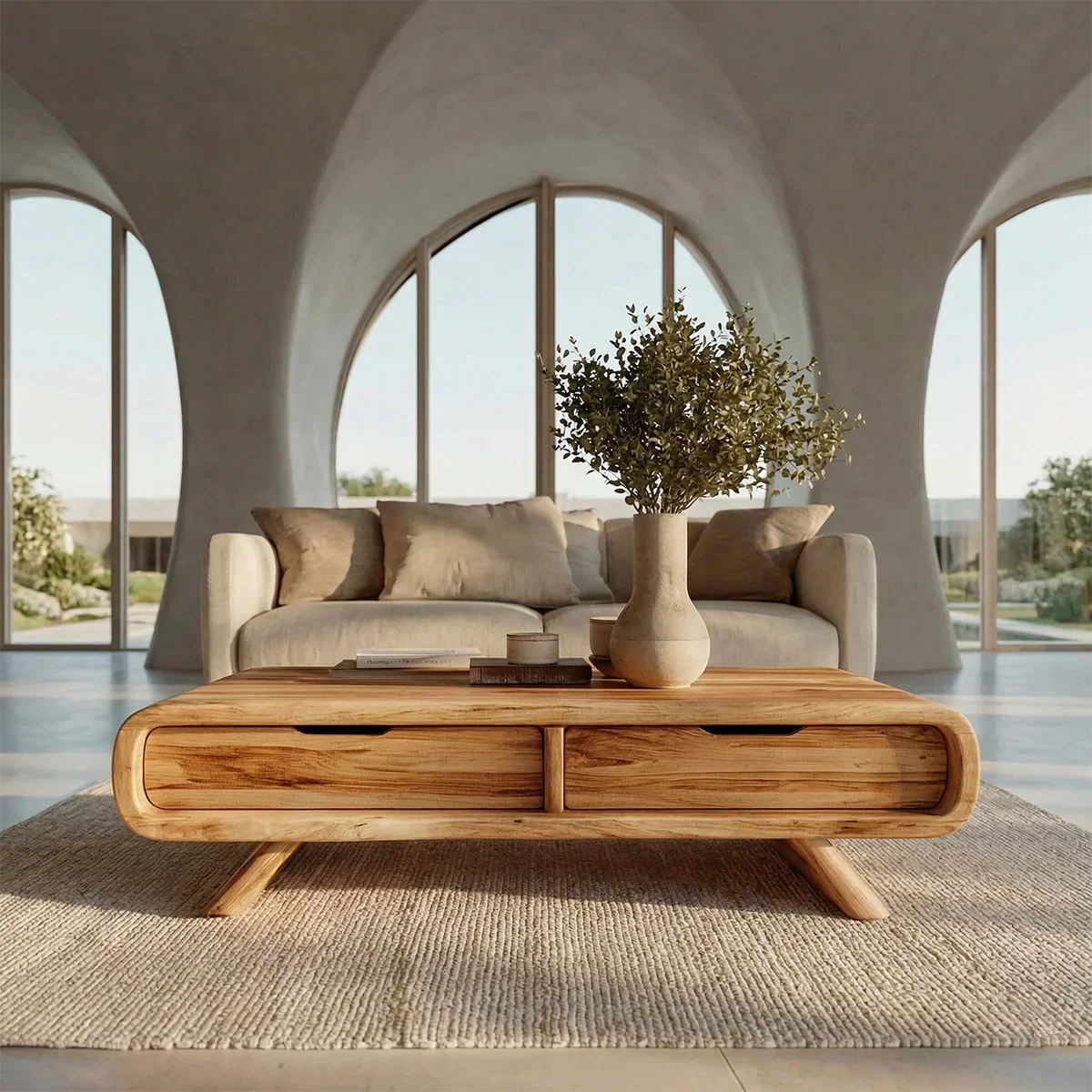 Curved Drawer Storage Coffee Table in Natural Solid Wood - Rustirawood
