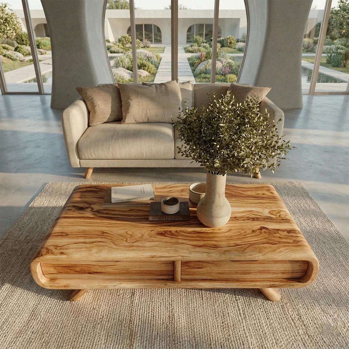 Curved Drawer Storage Coffee Table in Natural Solid Wood - Rustirawood