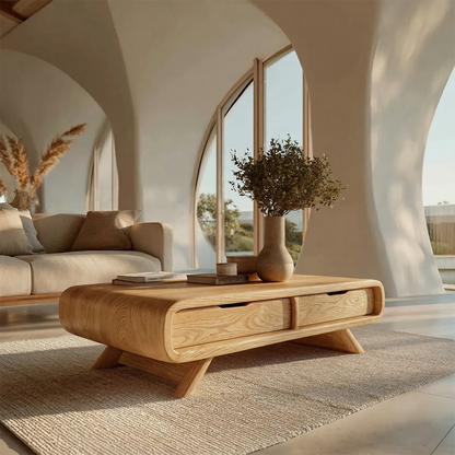 Curved Drawer Storage Coffee Table in Natural Solid Wood - Rustirawood
