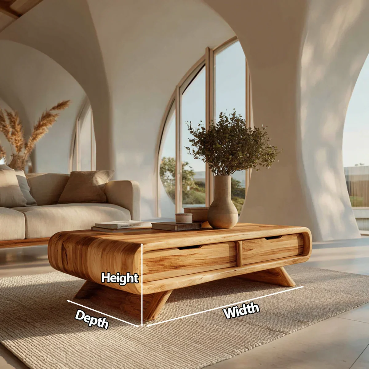 Curved Drawer Storage Coffee Table in Natural Solid Wood - Rustirawood
