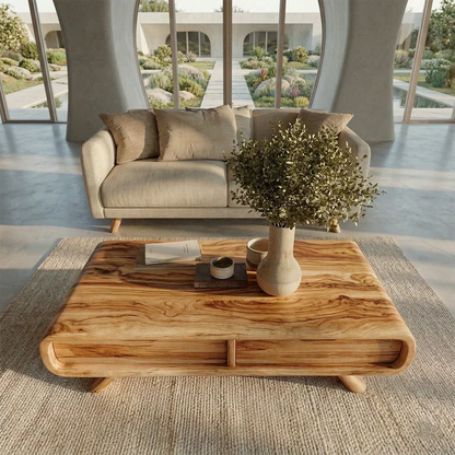 Curved Drawer Storage Coffee Table in Natural Solid Wood - Woodenecho