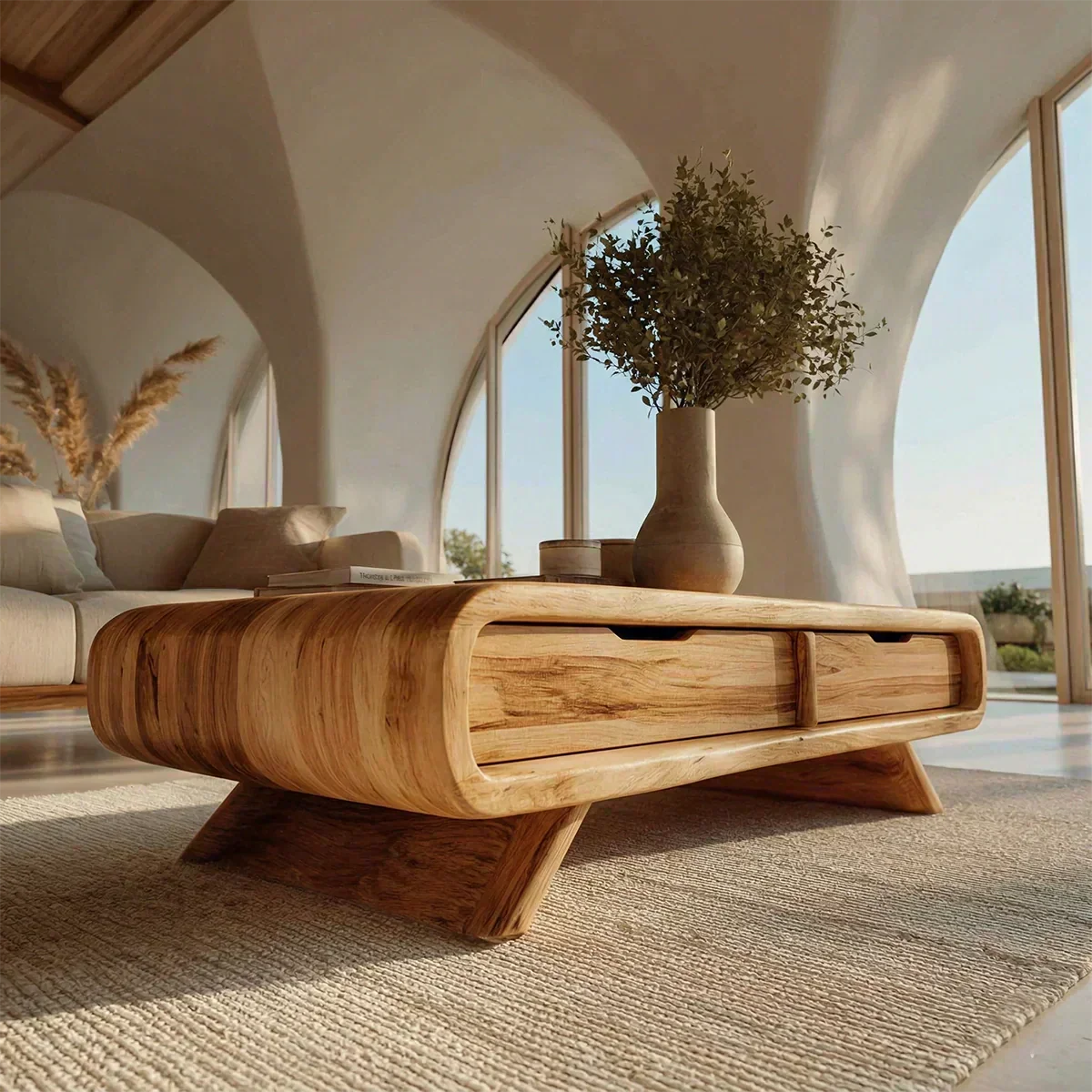 Curved Drawer Storage Coffee Table in Natural Solid Wood - Woodenecho