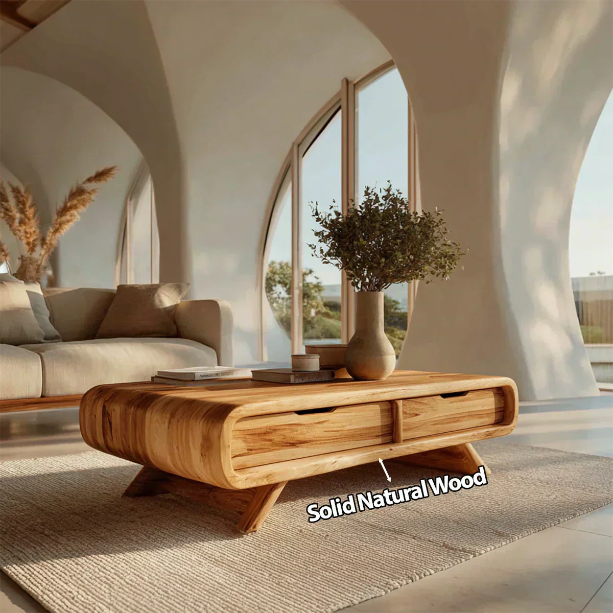 Curved Drawer Storage Coffee Table in Natural Solid Wood - Woodenecho