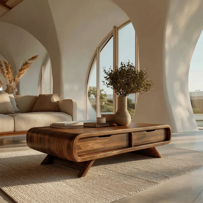 Curved Drawer Storage Coffee Table in Natural Solid Wood - Woodenecho