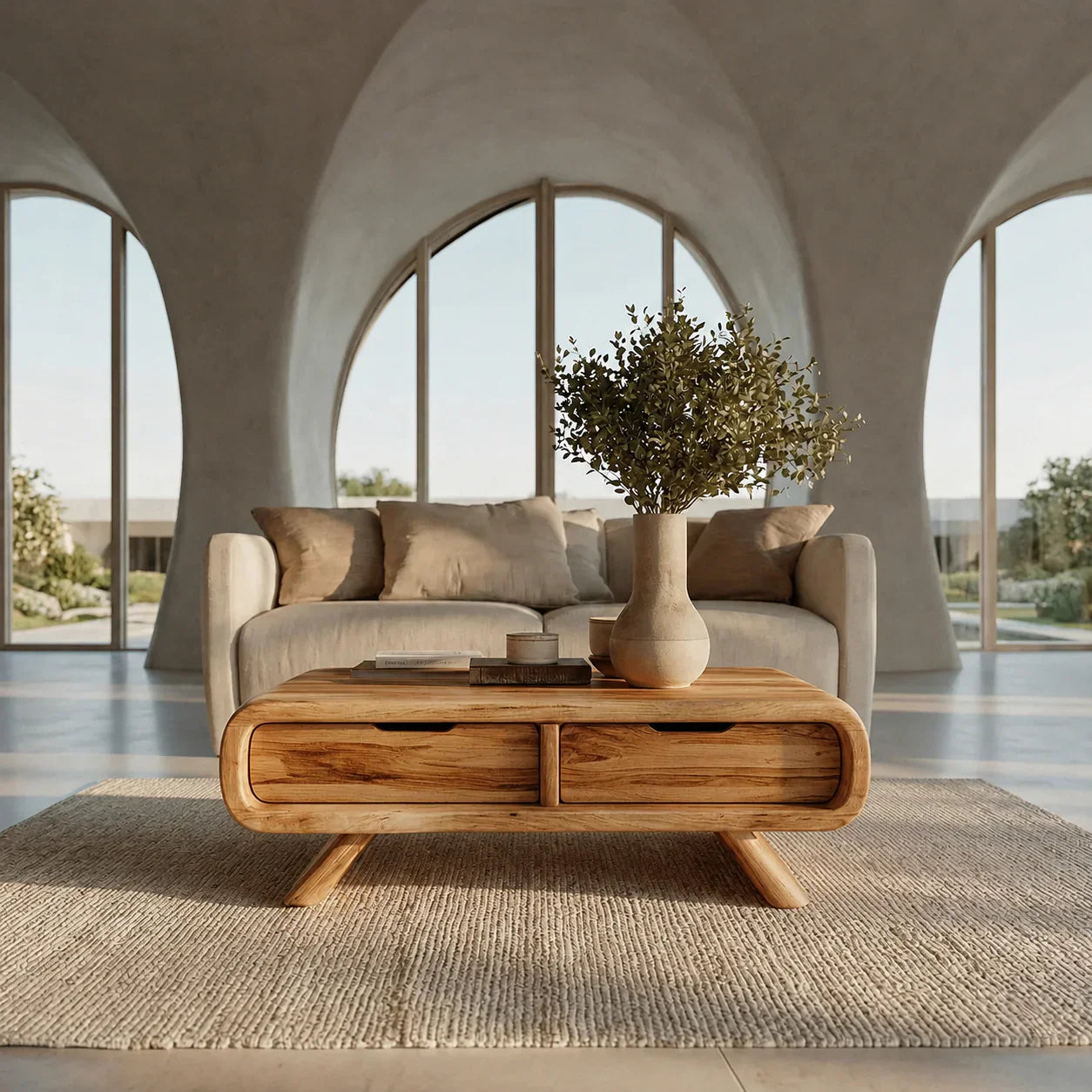 Curved Drawer Storage Coffee Table in Natural Solid Wood - Woodenecho