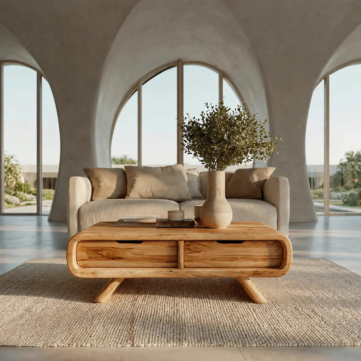 Curved Drawer Storage Coffee Table in Natural Solid Wood - Woodenecho