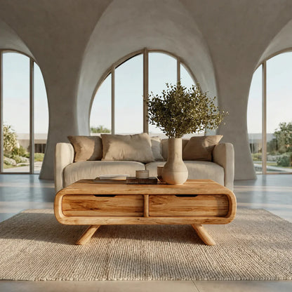 Curved Drawer Storage Coffee Table in Natural Solid Wood - Woodenecho