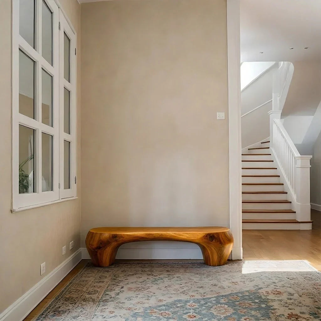 Curved Minimalist Bench in Natural Solid Wood – Soft Arch Form - Rustirawood