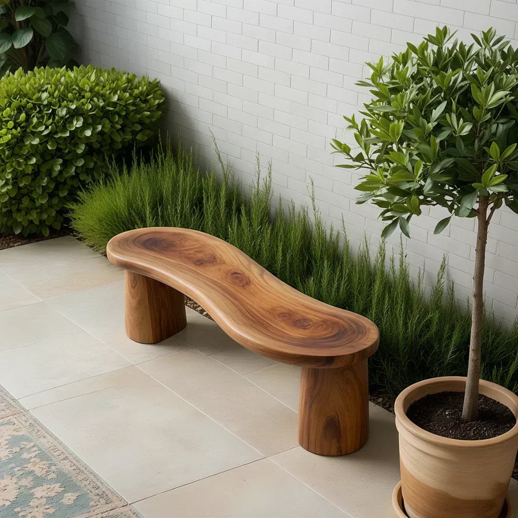 Curved Sculptural Solid Wood Bench – Soft Flow Form - Woodenecho