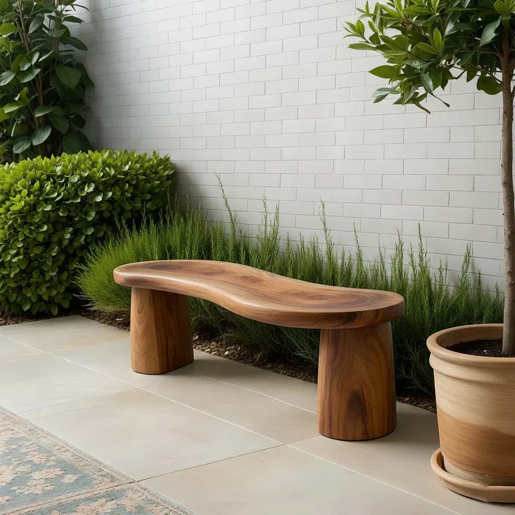 Curved Sculptural Solid Wood Bench – Soft Flow Form - Woodenecho