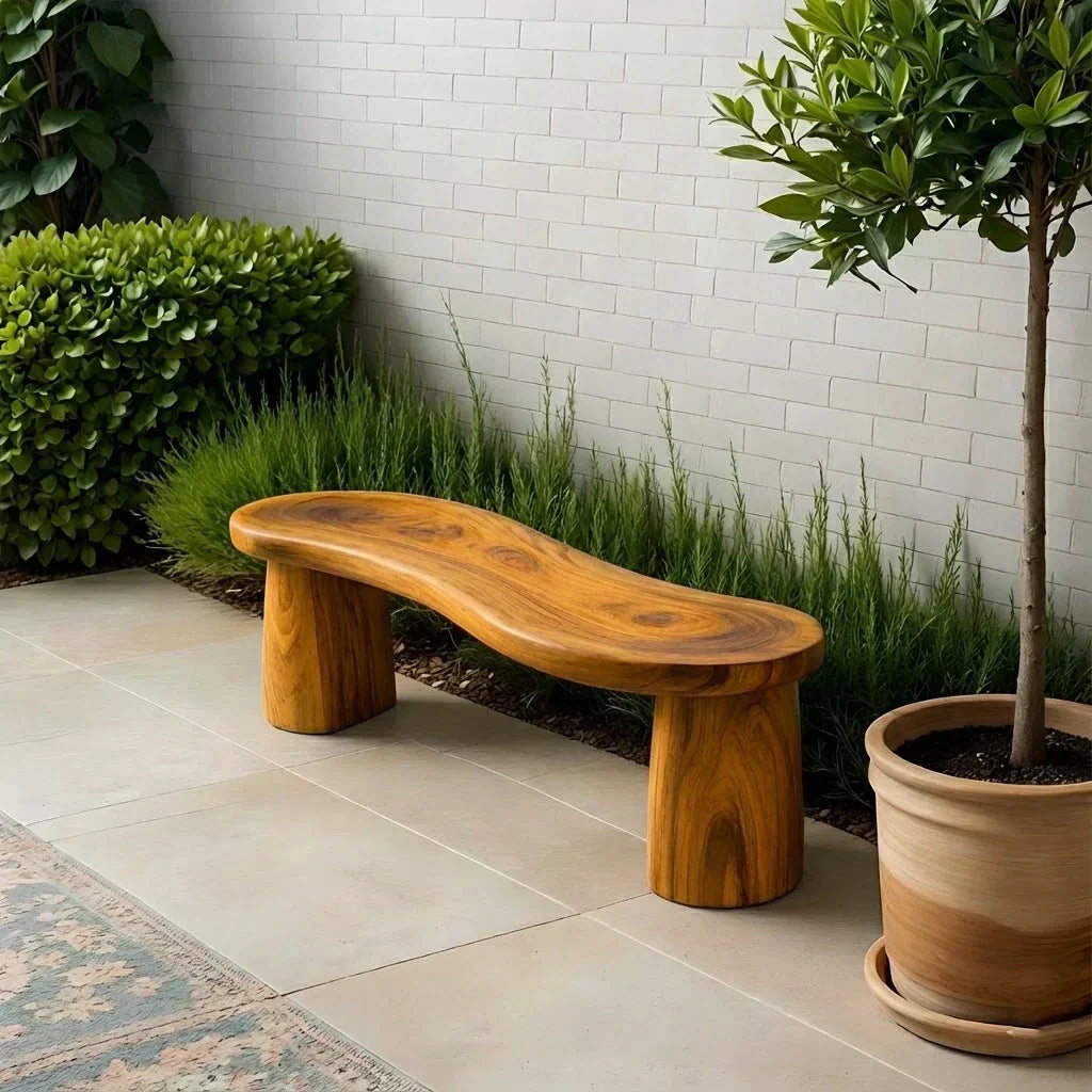 Curved Sculptural Solid Wood Bench – Soft Flow Form - Woodenecho