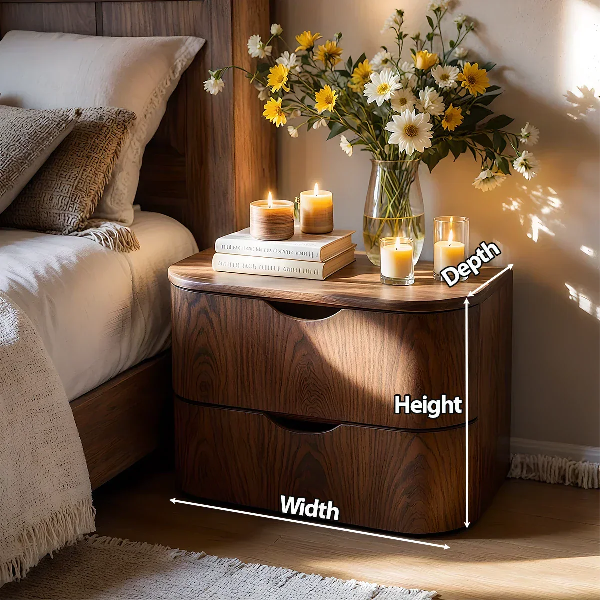 Curved Solid Wood Nightstand – Two-Drawer Minimalist Design - Rustirawood