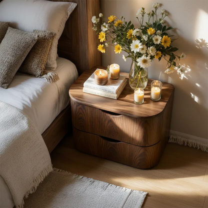 Curved Solid Wood Nightstand – Two-Drawer Minimalist Design - Rustirawood