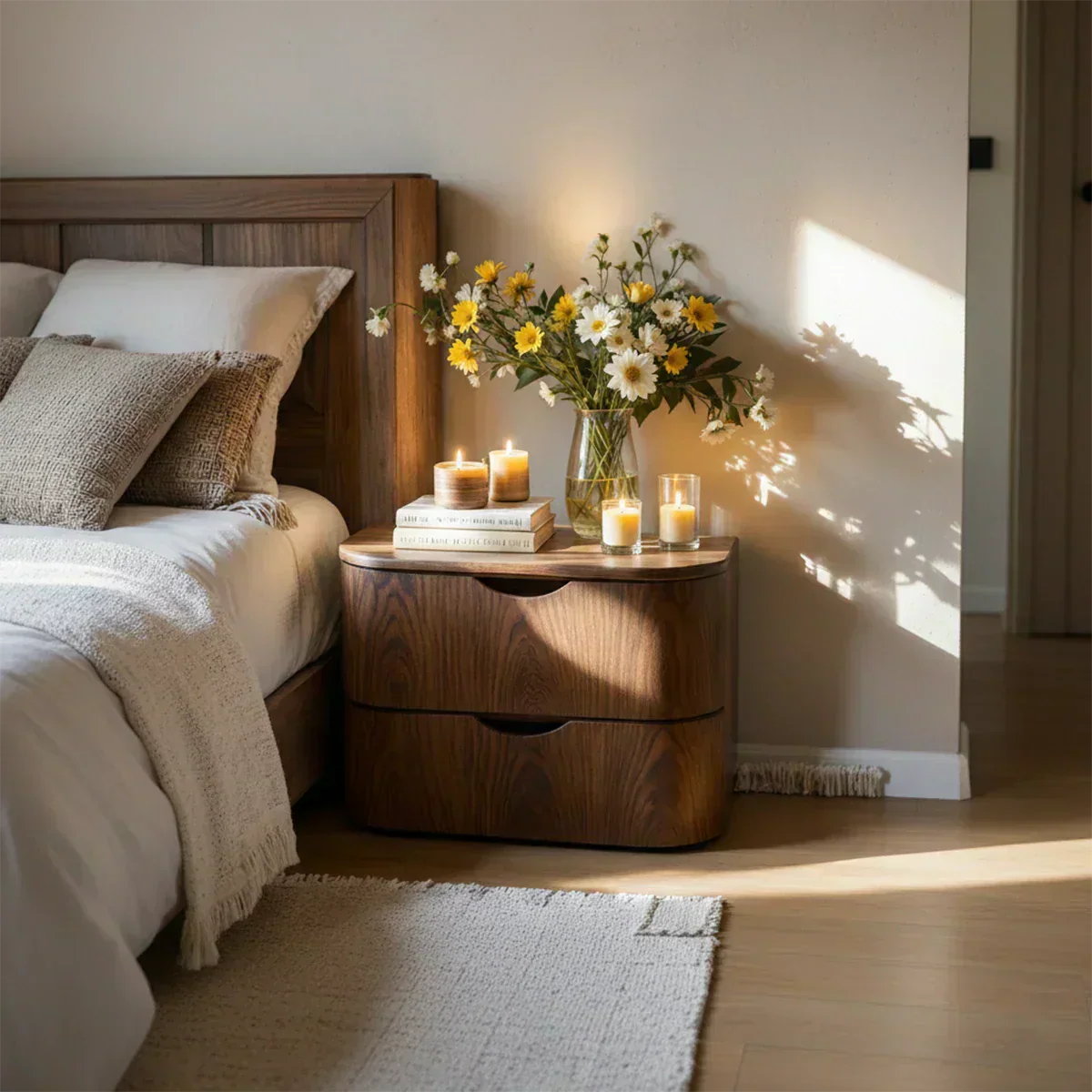 Curved Solid Wood Nightstand – Two-Drawer Minimalist Design - Woodenecho