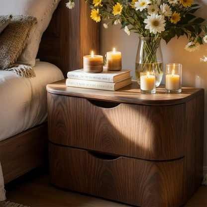 Curved Solid Wood Nightstand – Two-Drawer Minimalist Design - Woodenecho