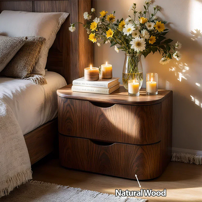 Curved Solid Wood Nightstand – Two-Drawer Minimalist Design - Woodenecho