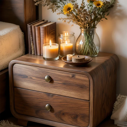 Curved Solid Wood Nightstand with Two Drawers - Rustirawood